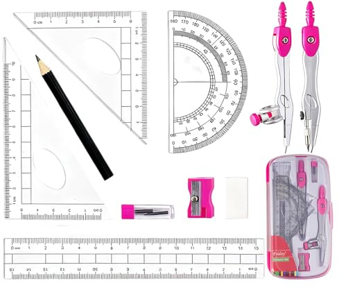 10Pcs Maths Set,Protractor And Compass Kit Math Ruler Pencil Rubber Sharpener School Stationery Drawing Compasses Geometry Sets Case With Storage Box,for Student Secondary Stationary Supplies (Red)
