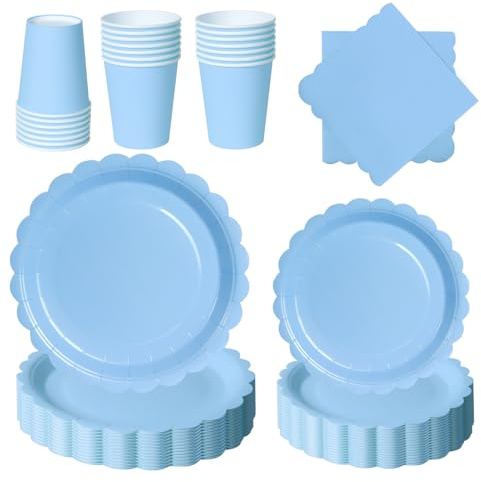 PYAILI Babyblau Partygeschirr Party Pappteller Set für 24 Gäste | 96 Stück Papier Teller mit Blumenmuster Pappbecher Servietten für Geburtstag, Muttertag, Babyparty, Bridgerton, Teeparty