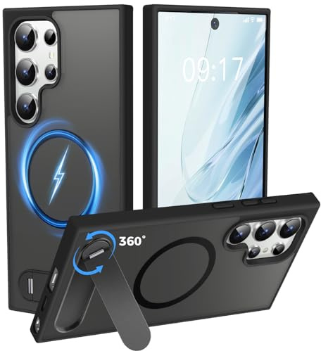 OLHAOMAO Handyhülle für Samsung Galaxy S24 Ultra 360° Kickstand, MagSafe | Unsichtbarer magnetischer Ständer‑Schutzhülle für Galaxy S24 Ultra, militärisch stoßfest, Silikon‑Bumper, dünne matte Schwarz
