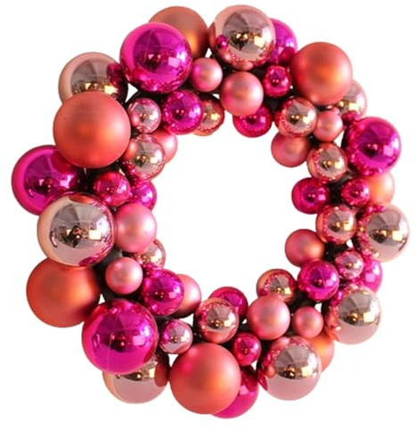 35 cm Weihnachtskranz, Adventskranz mit verschiedenen Christbaumkugeln in schönen Farben, Weihnachtskugel Dekoration Kunststoffgirlande, Tischkranz für Haustür, Kamin und Wanddekoration (Rosarot)