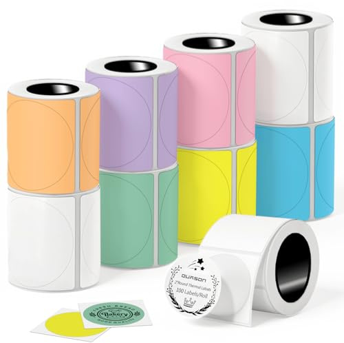 QUASON 5,1 cm runde Thermo-Aufkleber, 7 farbenfrohe selbstklebende runde Thermodirektetiketten für Unternehmen, kompatibel mit Phomemo, Zebra, Rollo, MUNBYN, BPA-frei (900 Etiketten/9 Rollen)