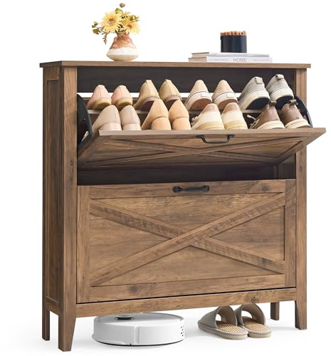 VASAGLE Mueble Zapatero con 2 Cajones Abatibles, Estrecho | Zapatero Estrecho Independiente para Entrada, Estilo Rústico, para 12 a 16 pares, LIRY Colección, HSC201K01