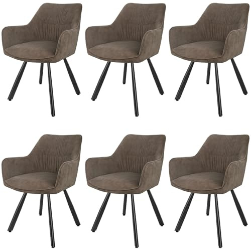 LEWE Esszimmerstühle Drehbar 6er Set, Armlehnstuhl aus Kurzflor-Stoff | 360° Drehstuhl, Moderner Polsterstuhl mit Metallbeinen,Breitere Sitzfläche, für Esszimmer, Wohnzimmer, Küche, Braun
