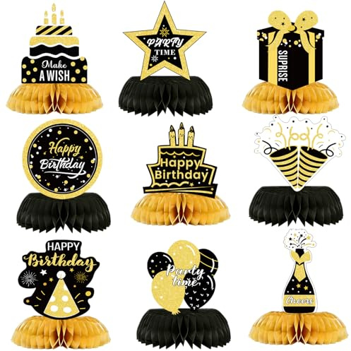 9 Stück Geburtstag Mann Deko,Geburtstag Bienenwaben Mittelstück Tischdekoration Schwarz Gold Happy Birthday Deko Papier Tischaufsätze für Geburtstagsparty Zubehör