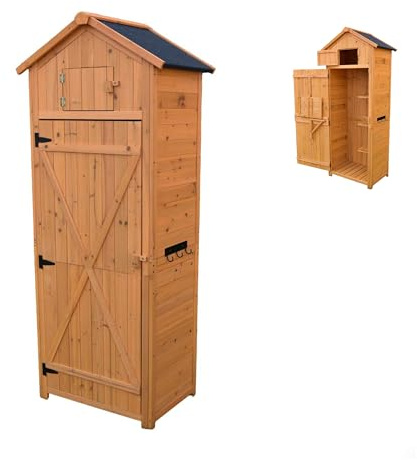 Relaxdays Gartenschrank, Holz, wetterfestes Dach, 3 Ablagen, orange | klappbarer Tisch, HBT: 180,5 x 75 x 50 cm, Holzhaus