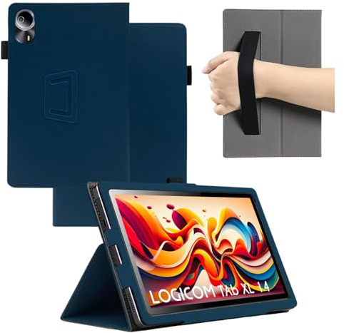 MEMELOKA Coque pour Logicom Tab XXL 14/TECLAST T70 14 Pouces, Léger et Mince en Cuir PU Étui Housse de Protection avec Dragonne[Fonction Support], Bleu