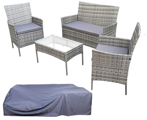SVITA Brooklyn Gartenlounge Set 5-teilig mit Abdeckhaube Polyrattan Lounge Set wetterfest Garten Terrasse Balkon inkl. Kissen Glas Tisch Grau