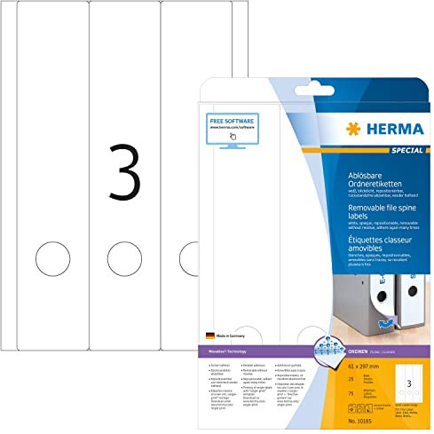 HERMA 10185 Ordnerrücken Etiketten ablösbar lang breit, 25 Blatt, 61 x 297 mm, 3 pro A4 Bogen, 75 Stück, selbstklebend, bedruckbar, blickdicht, Papier Ordneretiketten Rückenschilder Aufkleber, weiß