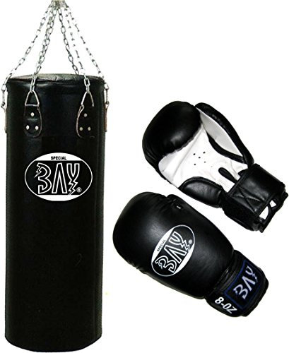 BAY® 130x35 cm Boxset Sandsack+Boxhandschuhe Future Größe 6 Unzen, schwarz/weiß, Leder-PU, Box-Handschuhe, Sandsackhandschuhe, Ballhandschuhe, Box Set, Boxsack, Kinder Kids Junior Jugendliche Senior Erwachsene Damen Herren, UZ OZ