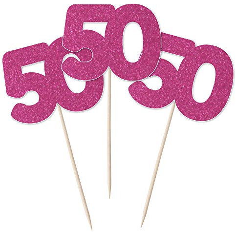 Number 50 Cupcake Toppers - 12pk Cake Decoration, Birthday, Anniversary, Pick, Pics, Fifty (Hot Pink Glitter)