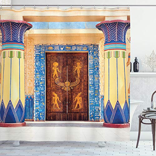 ABAKUHAUS ägyptisch Duschvorhang, Ägypten Gebäude, Stoffliches Gewebe Badezimmerdekorationsset mit Haken, 175 x 240 cm, Gleb Braun Violett