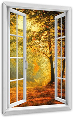 Pixxprint Wald im Herbst, Fenster, Größe: 120x80cm, Leinwandbild, fertig gespannt, Wandbild, Dekoration, Kunstdruck, kein Poster