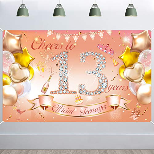 HOWAF 13. Geburtstag Banner für Mädchen - Rose Gold Dekoration, Stoff Plakat für Teenager Hintergrund, Photo Booth für Garten Tisch Mauer Deko
