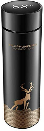 Bouteille Isotherme en Acier Inoxydable 500ML, 2000mAh Tasse de Voyage pour Eau Chaude avec Indicateur de Température à Ecran LED, Bouteille Intelligente pour Tasse Etanche (sans Filtre) (Noir)