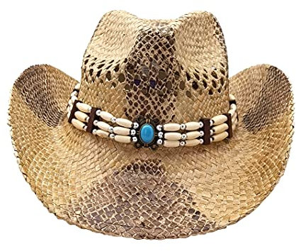 Sombrero de Cowboy de Paja Vaquero Panamá con Banda Occidental Unisex Talla Única Hombre Mujer para Verano Coachella Playa al Estilo Country Brasileño Bohemia Indiana Rafia Natural (XH-122)