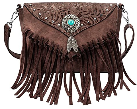 LAVAWA Small Crossbody Bags for Women Crossbody Handbag Fringe Purse Tassel Shoulder Bag Turquoise Concho Wallet