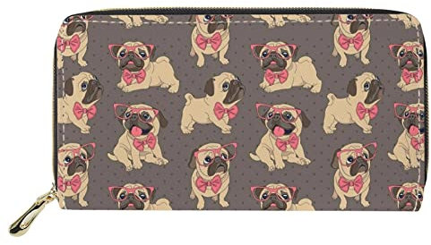 Dolyues Graue Mops-Damen-Geldbörse, große Kapazität, Handytasche, Kupplung, Lange Geldbörse, Kartenhalter mit Reißverschlusstasche, Kreditkartenetui