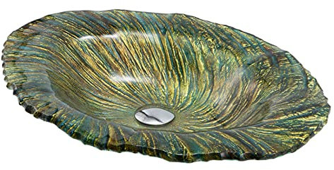 Ksunun Waschbecken Gold Grün Gehärtetes Glas Aufsatzwaschbecken Oval Design Handwaschbecken mit Messing Wasserablauf, Montagering, Aufsatz Waschschale für Bad, 565 x 420 x 100 mm
