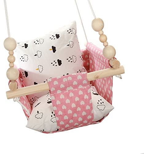 HB.YE Wooden Baby Swing Seat Set with Beads Cushions, Handmade Kids Indoor Outdoor Hanging Chair Hammock, Comfortable Toddler Seat Nursery Decor (Pink Heart)