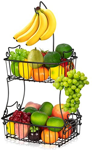 Mutool 2Tier Fruit Basket with Banana Hanger - Metal Fruit Bowls, Vegetable Storage Holder for Kitchen Countertop, High Capacity Space Saving
