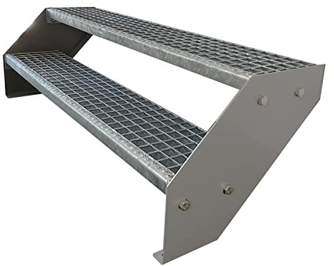Kaminbau Mierzwa Premium Stahl Treppe Verzinkt & Silber Pulverbeschichtet 2 Stufen (Breite 120 cm) (Höhe 38 cm) Wetterfest Gitterroststufe Gartentreppe