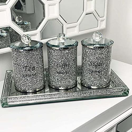 Set of 3 Crushed Diamonds Canisters With Lid for Sugar Coffee Tea - Glass Container for Kitchen Glass Modern Decor Counter Decoration