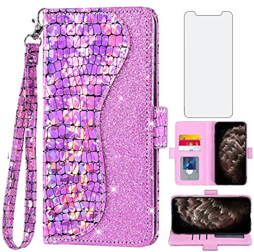 Asuwish Phone Case for iPhone 11 Pro 5.8 Wallet Cover with Screen Protector and Wrist Strap Flip Credit Card Holder Bling Glitter Stand Cell iPhone11 i XI 11s 1pro Women Girls Pink