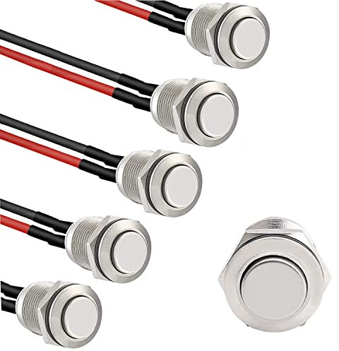 RUNCCI-YUN 5 ×Pulsante Impermeabile Momentaneo,Acciaio Inossidabile pulsante Rotondo,12mm Precablato pulsante campanello 2A/12V/24V/125V/250V(Testa Alta)