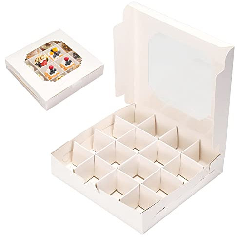 Youyijia 20PCS Cardboard Cupcake Box Dessert Divider Box with Transparent Window Holds 16 Individual Mini Cake Display Boxes for Candy Chocolate Truffle or Marzipan Fruit