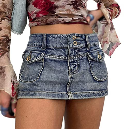 Sawmew Damen Jeansrock Y2K High Waist Denim Rock Jeans Mini-Rock Mit Knöpfen Plissee Micro Minirock Sommer Sexy Rock Pencil Rock E-Girl Streetwear (Color : Blue, Size : L)