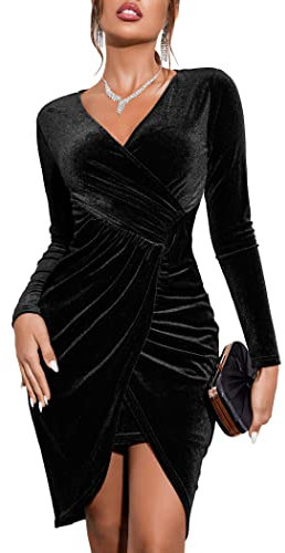 Zeagoo Abito Donna Elegante Velluto Scollo a V Abito Cocktail Maniche Lunghe Vita Alta Aderente Corto Abito Festa Cerimonia