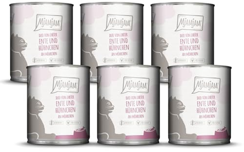 MjAMjAM - Premium Nassfutter für Katzen - DUO von zarter Ente & saftigem Hühnchen an Möhrchen, 6er Pack (6 x 800 g), getreidefrei mit extra viel Fleisch