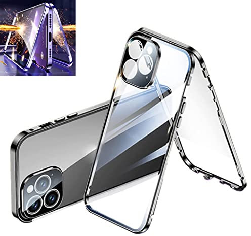 Magnetic Tempered Glass Double-Sided Phone Case for iPhone 14 Pro Max Plus,Shockproof Metal Frame 360°All-Round Protection,Ultra-Thin Double Sided Buckle Clear Cover,Anti-Fall. (14, Black)