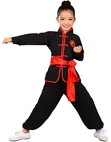 YEMYIQZ Kids Kung Fu Clothing Traditional Tai Chi Uniforms for Boys Girls Chinese Martial Art Wing Chun Long Sleeve Tang Suit, Black, Large