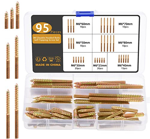 Gueenky 95 Pièces Vis à Double Filetage M6, Vis à Double Tête Autotaraudeuse M6 x 25-80 mm, Vis Double Filetage Bois pour Meubles en Bois à Fixation