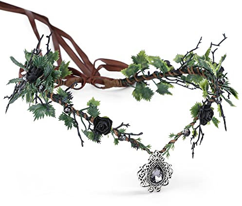 MOSTORY Haarreif mit Blumenmuster, Kristall, Elfenkrone, Kopfschmuck, Waldblatt, Haarkranz, Göttin, Tiara, Kreis für Damen, Halloween, Cosplay, Geburtstag, Party, Renaissance, Festival, Schwarz