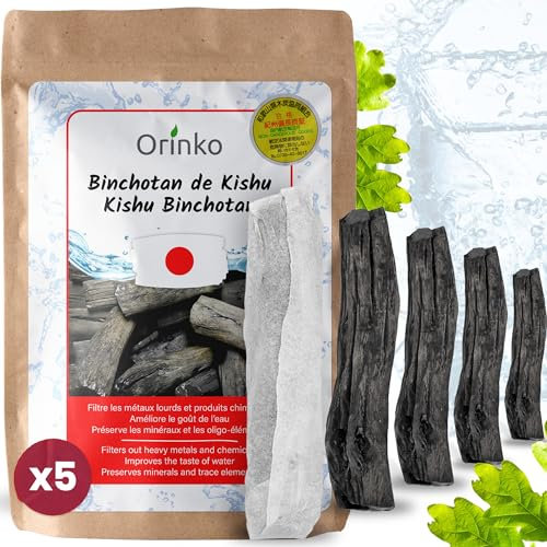 ORINKO Binchotan Aktivkohle – 5 Stück Bio-Kishu Kohle aus Japan für natürliche Wasserreinigung