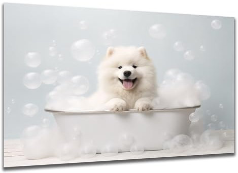 DARO Design - Toiletten-Bild auf 6mm HDF 40x30 cm Hunde-Welpe Samojede in der Badewanne - Wand-Deko Bilder Lustiges Geschenk