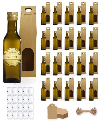 Espirito Rebelde 20x Mini Bouteilles en Verre Foncé 100ml avec Bouchon a Vis Doré + 20 Boîtes + 20 Sceaux + 20 Étiquettes Kraft + Ficelle - Petites Bouteilles pour Huile d'Olive, Vinaigre, Alcool