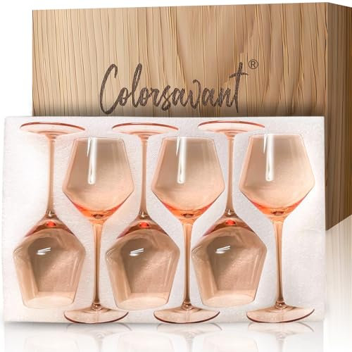 Colorsavant Peach Color Wine Glasses Set 6-16oz Blush Pink Wine Glass with Stem-Hand Made Light Peach Wine Glass-Unique Pastel Pink Wine Glasses for Women Party