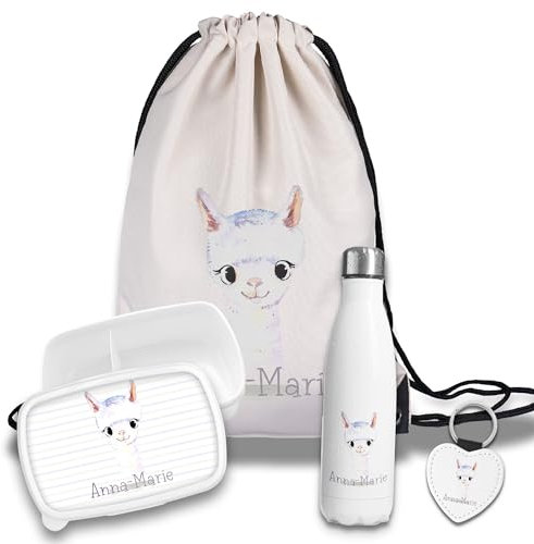 timalo Kinder Schulset Brotdose, Trinkflasche, Turnbeutel personalisiert mit Namen | Set Wasserflasche Edelstahl | Lunchbox mit Trennwand | Geschenk zur Einschulung & Kindergarten | 02- Lama