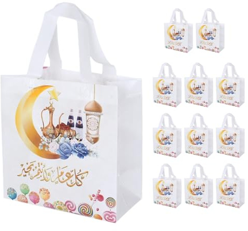Ramadan-Dekorationen, 12 Stück Eid-Tragetaschen mit stabilen Griffen, Eid-Leckerbeutel, wiederverwendbare Geschenktüten für Feiertagsbedarf, Einkaufen, Geschenkverpackung (A)