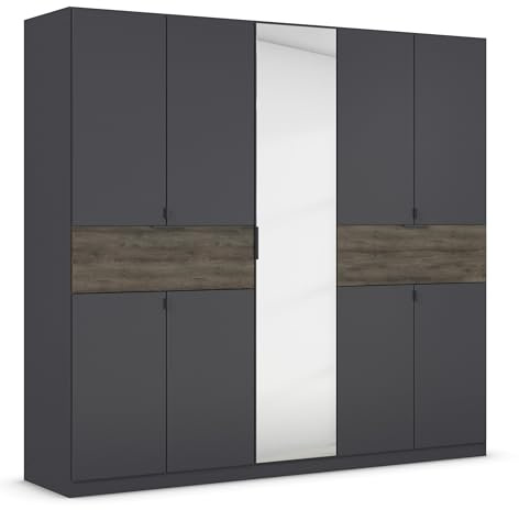 Rauch Möbel Ticao, Drehtürenschrank, Kleiderschrank, Kleiderschränke, Garderobe, Schrank mit Stauraum, 9-türig, Spiegel, 2 Schubladen, Farbe Grau-metallic/Atlantic Oak Dunkel, 226x210x54cm