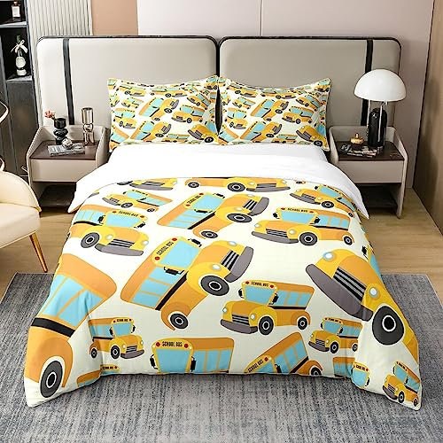 Loussiesd Schulbus 100% Baumwolle Bettwäsche Set 155x220cm Gelbe LKW Auto Betten Set für Kinder Jungen Mädchen Cartoon Auto Bettbezug Set Schule Auto Bettbezug