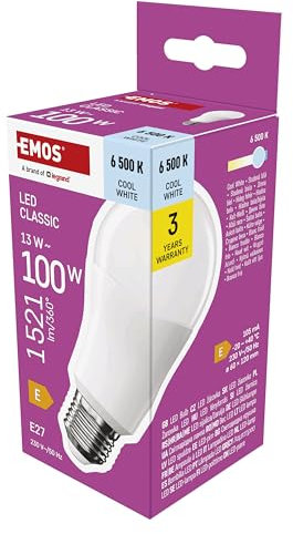 EMOS LED Lampe A60-Birne, 13W Ersatz für 100W Glühbirne, klassische Glühbirne-Form mit E27 Sockel, Helligkeit 1521 lm, Kaltweiß 6500 K, 30000 h Lebensdauer, CRI min. 80, 180° Abstrahlwinkel