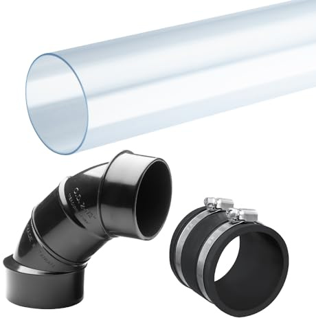 POWERTEC 70445 PVC-Rohr, 5,1 x 91,4 cm lang, mit 6,4 cm Außendurchmesser 90 Grad Winkel und 5,1 cm Flexmanschette, starres Kunststoffrohr und Verbindungsstück für Staubsammelsystem, transparent