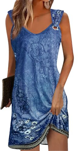 Yeenily Robe Femme Col en V sans Manches Décontractée Plage Robes Chic et Elegant Été Couleur Unie Mini Longue Tunique Robe (Bleue Impression, XL)