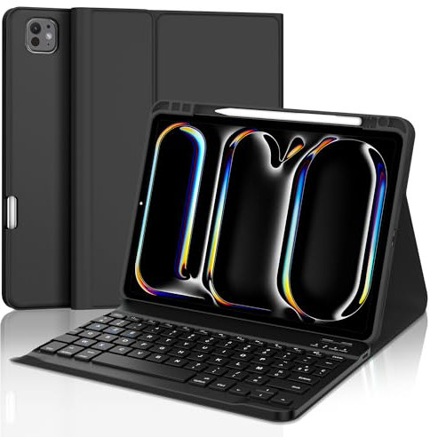 SENGBIRCH Funda con Teclado para iPad Pro 11(M4) 2024 - Teclado Español Ñ Bluetooth Inalámbrico Extraíble para Tablet iPad Pro 11 Pulgadas (M4) 2024, Negro