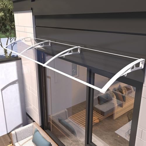 Vordach für Haustür Überdachung Pultvordach aus Weißer Aluminiumbügel und Polycarbonat,Transparentes Pultbogenvordach,Türdach für draußen Wallbox Eingangstür Regenschutz (60x500cm)