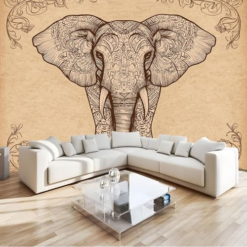 Fototapete Vlies Tapete Indisches Muster Elefant 300 x 210 cm 3D Effekt Wandbild Vlies Wandtapete Moderne Wohnzimmer Mural Schlafzimmer Kinderzimmer TV Hintergrund Wand